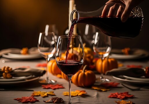 Pouring red wine at a Thanksgiving table setting with pumpkins and autumn leaves. Perfect for fall celebrations, wine tasting, and harvest themes. - Powered by Adobe