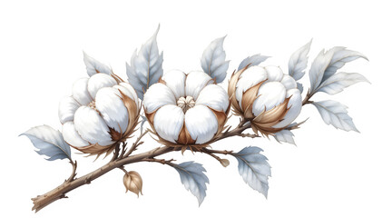 Watercolor illustration of cotton plant branch with bolls and leaves on transparent background