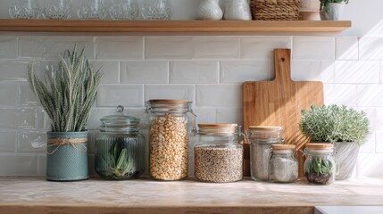 Top view of modern kitchen organized herbs and grains in a bright still life