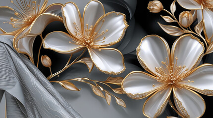 Glamorous and stylish high fashion digital artwork featuring an exquisite abstract floral design with delicate petals outlined in intricate gold accents that add a luxurious and sophisticated touch