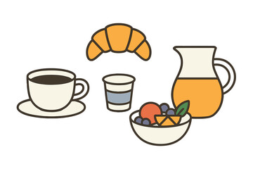 Breakfast spread with coffee, croissant, fruit, and juice at a cozy cafe in the morning