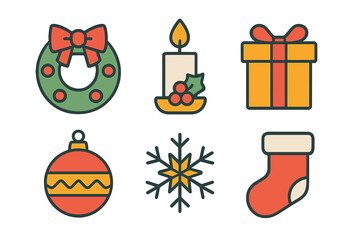 Colorful Christmas decorations including wreath, candle, gift, ornament, snowflake, and stocking arranged together for festive spirit