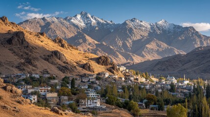 Aerial adventure exploring ladakh's majestic mountain village and serene landscapes