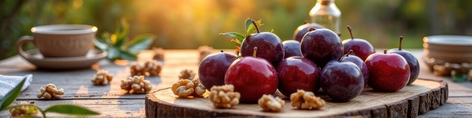 Obraz premium Fresh red plums and walnuts on a rustic wooden table at sunset