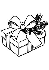 Black and white vector of a gift box with bow, card, and branch, perfect for birthdays, Christmas, and creative holiday projects
