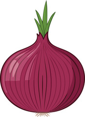 Cartoon illustration of a whole red onion with green leaves.