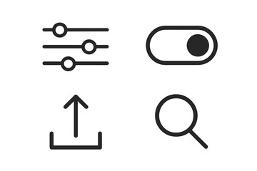 User interface symbols representing settings, toggles, uploads, and search functions for digital applications