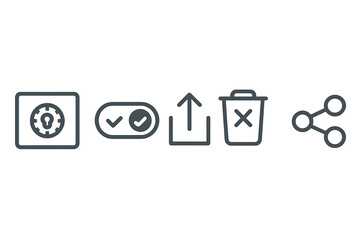 Icon set representing settings, confirmation, upload, delete, and sharing functionalities in a digital interface
