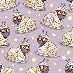 Seamless illustration of adorable mummy-wrapped snails with big eyes on a soft purple background decorated with glowing stars.