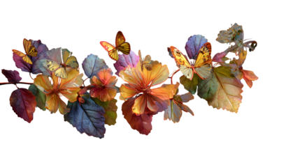 A winding branch adorned with a kaleidoscope of autumn leaves and delicate butterflies isolated on transparent background isolated on white background
