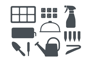 Gardening tools and supplies arranged neatly on a white background for home cultivation enthusiasts