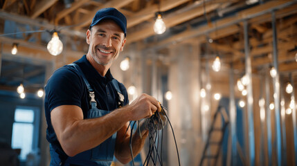 Electrician smiling confidently while working on electrical wiring or network installation.
