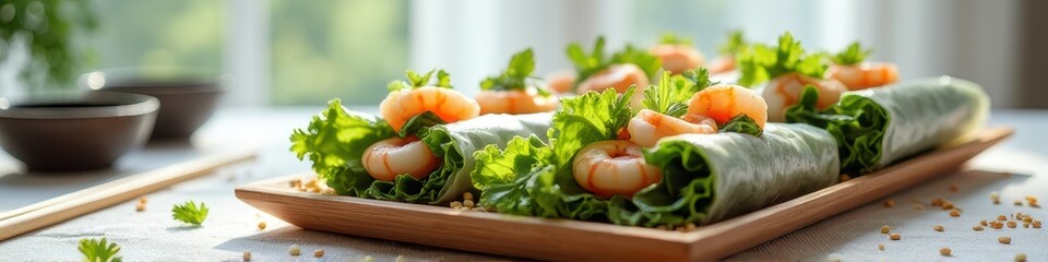 Fresh shrimp and vegetable spring rolls with herbs on a wooden tray in sunlit setting