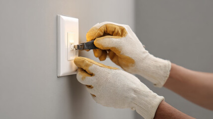 An electrician installs a light switch for electrical wiring and home appliance repair.