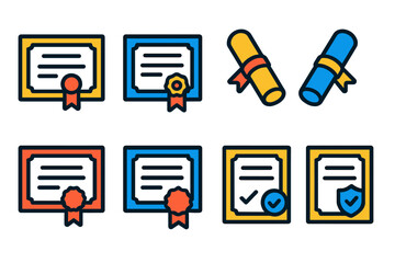 Various colorful certificates and diplomas arranged in a grid, showcasing academic achievements in a simple design