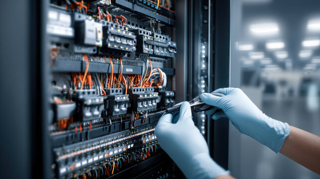 An electrician's hands working on electrical wiring for network and home appliance repairs.