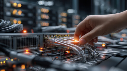 A person connecting network cables to a server, emphasizing network installation and IT support in a data center.