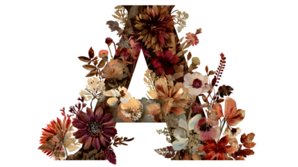 Artistic floral arrangement forming the letter a with rich autumnal hues isolated on black background isolated on white background isolated on transparent background