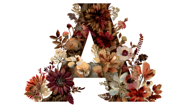 Artistic floral arrangement forming the letter a with rich autumnal hues isolated on black background isolated on white background isolated on transparent background