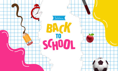 Welcome Back to School Banner – Notebook Grid Background with Pencil, Apple, Alarm Clock, and Torn Paper Design.