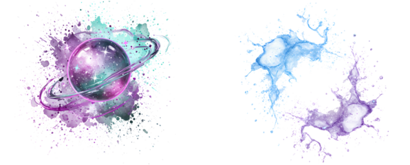 A celestial planet with rings and a watercolor splash effect with a blue and purple nebula design on transparent background