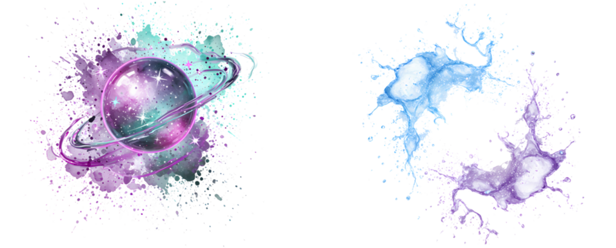 A celestial planet with rings and a watercolor splash effect with a blue and purple nebula design on transparent background