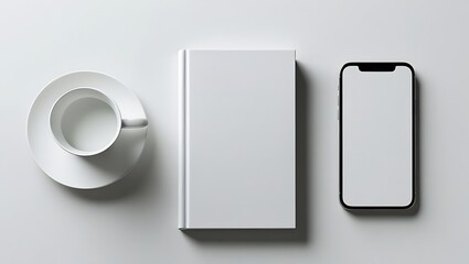 Clean white desk setup with open book, coffee cup, and modern smartphone displaying blank screen
