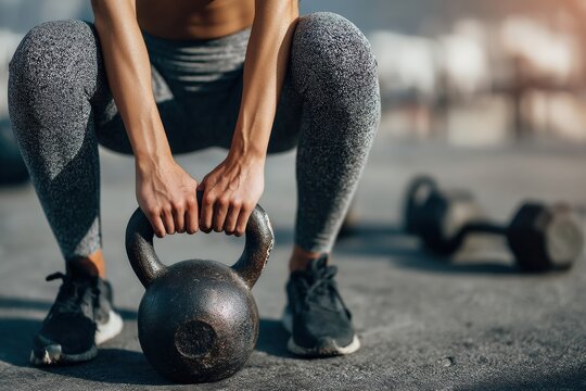 Close up view of a dedicated sportswoman lifting a kettlebell during an intense outdoor workout session on a bright, sunny day