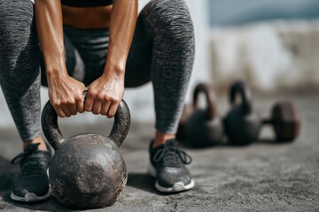 Athlete engaging in kettlebell swing exercise during an invigorating outdoor workout, showcasing strength and dedication to fitness