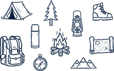 Fototapeta premium Camping and adventure equipment vector illustration set for outdoor and travel design