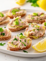 Small toasts topped with creamy avocado and canned tuna rest on a white ceramic plate. A splash of bright lemon juice enhances the light, natural tones