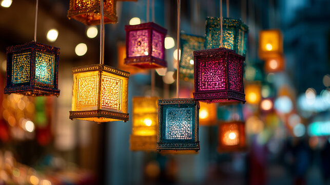 Minimalistic shot of a Diwali street market at dusk with colorful lanterns - Powered by Adobe