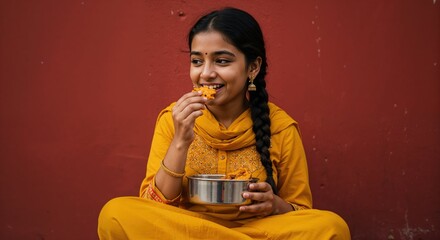 Naklejka premium Young indian woman enjoying a traditional meal while sitting cross legged against a red wall background