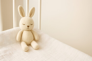 Sleeping knitted bunny in crib on pastel background for baby announcement banners