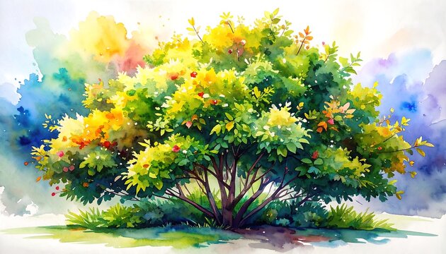 Watercolor painting depicting lush tree foliage with vibrant red berries and colorful hues - Powered by Adobe