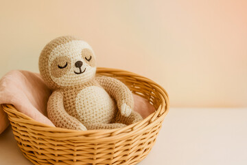A delightful crochet sloth plush toy resting peacefully in a basket against a warm, glowing pastel background, evoking comfort and coziness in a serene setting.