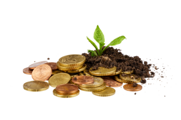 young small seedling plant growing from cash coins isolated on white or transparent png