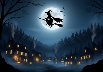 Halloween night scene with witch flying on broomstick in front of full moon