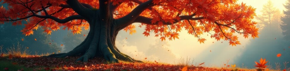 Ancient tree, sunlit autumn fog, vibrant leaves, magical tree, woods, autumn