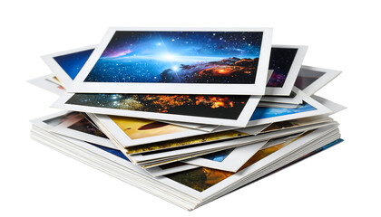 Stacked Galaxy Prints, Collection of Vibrant Space Photography on Polaroid Style Photos with transparent Background. Stack of polaroid photos. clipping path. graphic resources.