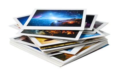 Stacked Galaxy Prints, Collection of Vibrant Space Photography on Polaroid Style Photos with transparent Background. Stack of polaroid photos. clipping path. graphic resources.