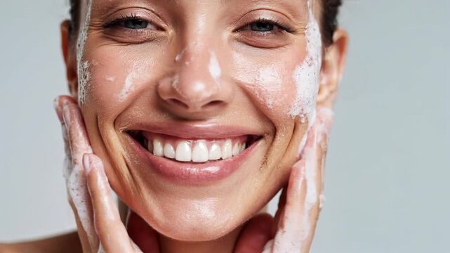 Young woman gently applies foaming facial cleanser with both hands, massaging her skin in circular motions during a morning skincare routine in bright bathroom light.