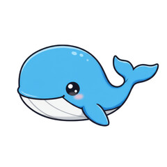 Adorable cartoon whale with cheeks and detailed fins, smiling happily, isolated on white background