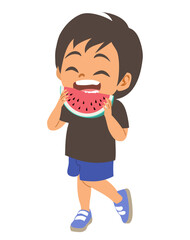 Cheerful toddler enjoying a slice of fresh watermelon cartoon vector illustration. Clip art image for summer, nutrition and playful children