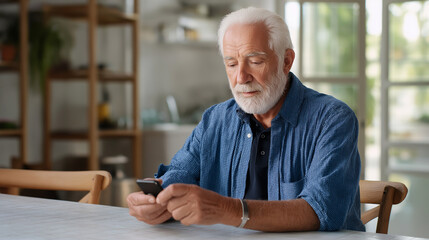 Man Checking Blood Sugar with Smartphone in Soft Light