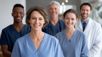 Obraz premium A joyful healthcare team smiling in soft light