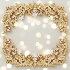 Golden Frame with Holly and Snowflakes