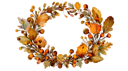 A beautiful autumnal wreath adorned with colorful leaves pumpkins and berries isolated on a black background isolated on white background isolated on transparent background