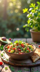 Fresh summer quinoa salad with avocado, cherry tomatoes, and parsley in sunlit garden setting