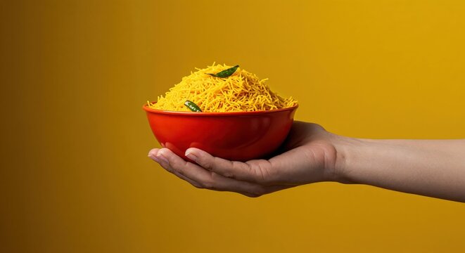 A person holding a red bowl filled with sev, a popular indian snack made from gram flour, over a yellow background